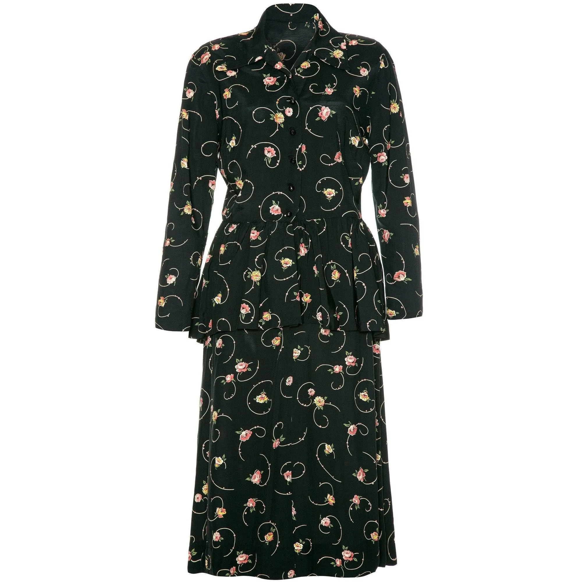 1940’s Black and Floral Peplum Shirt Rayon Tea Dress