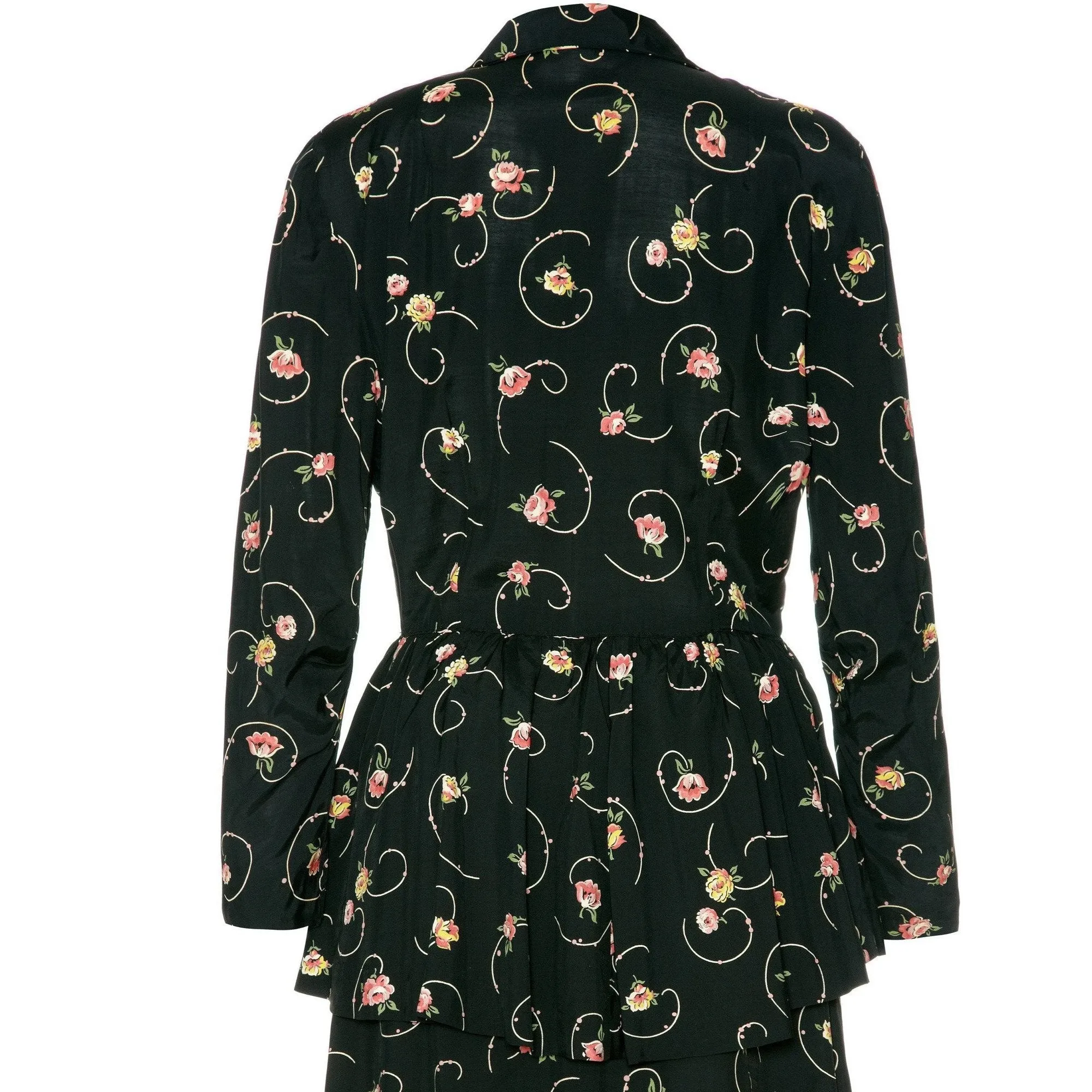 1940’s Black and Floral Peplum Shirt Rayon Tea Dress