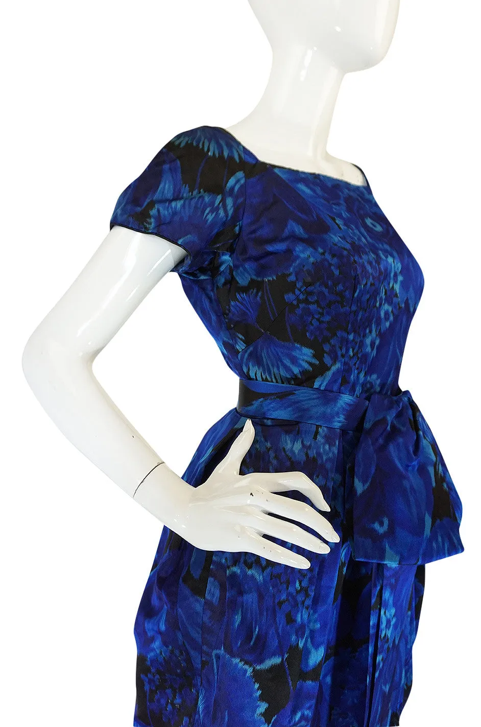 1950s Deep Blue Floral Demi-Couture Level Silk Dress