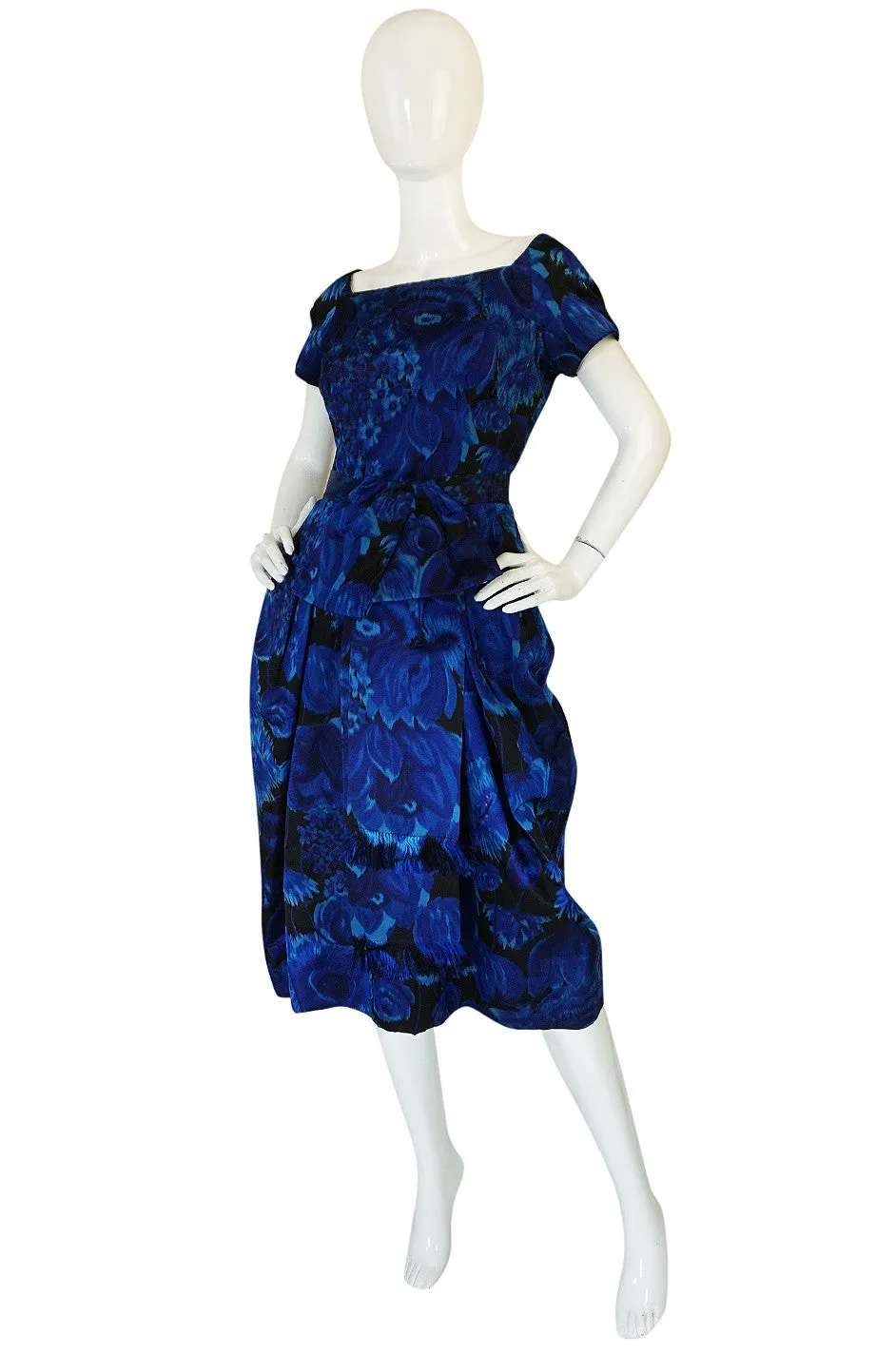 1950s Deep Blue Floral Demi-Couture Level Silk Dress