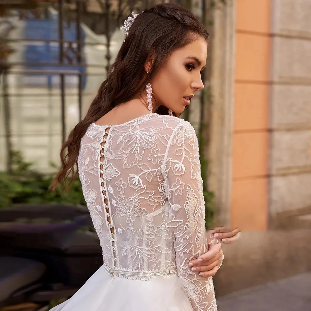 A-Line Beach Wedding Dresses Elegant Lace Long Sleeve Bridal Dress Court Train