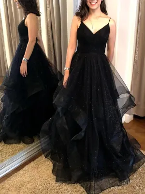 A Line V Neck Backless Sequins Black Long Prom, Backless Black Formal, Black Evening