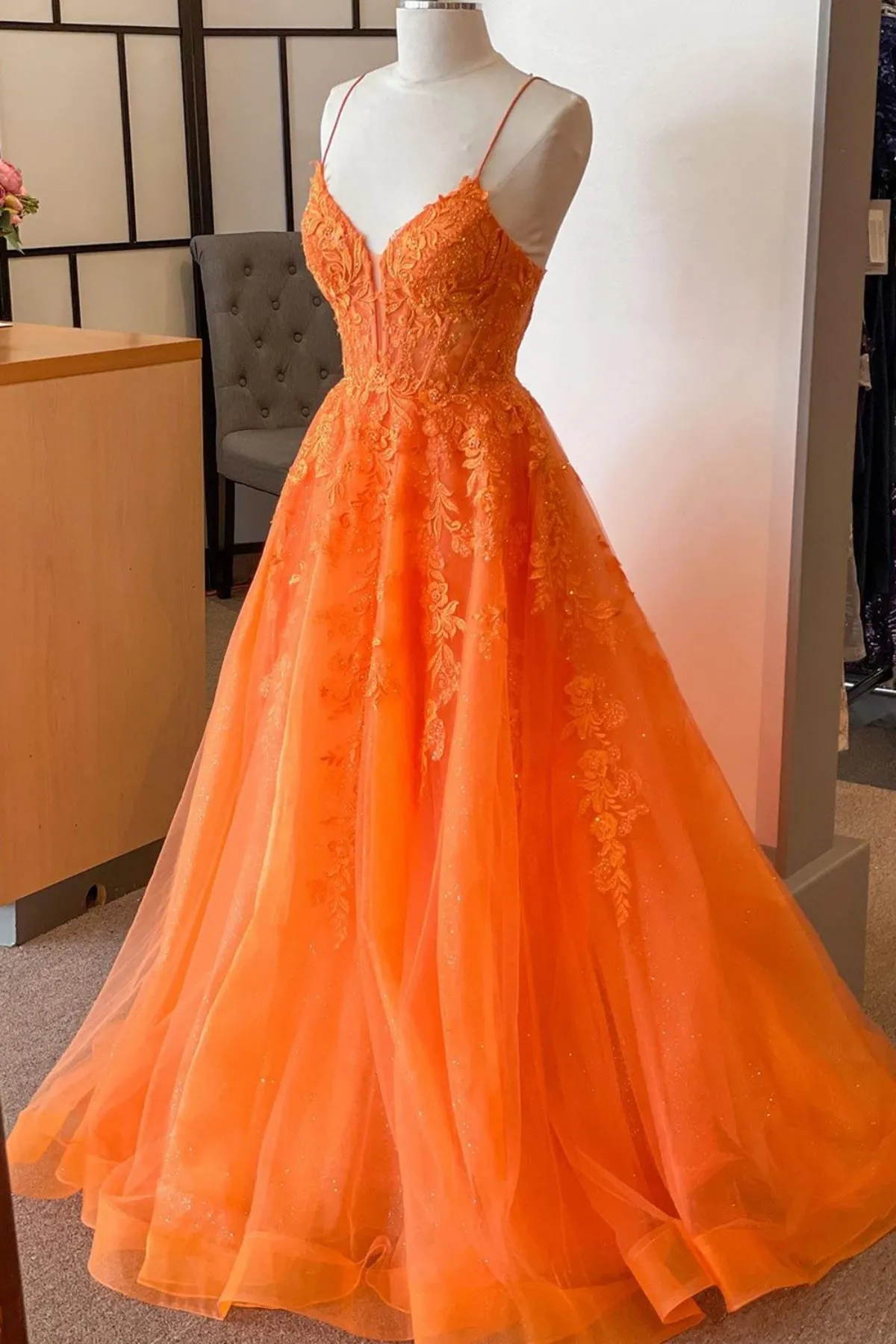 A Line V Neck Orange Lace Long Prom Dress, Orange Lace Formal Dress, Orange Evening Dress A2040