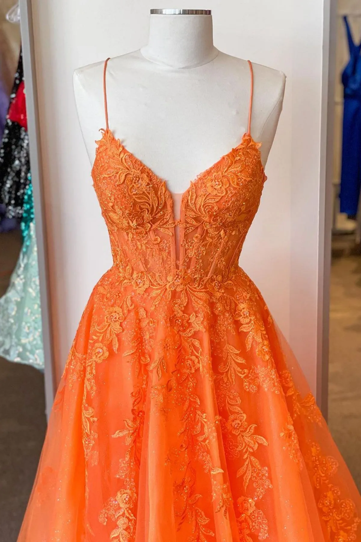 A Line V Neck Orange Lace Long Prom Dress, Orange Lace Formal Dress, Orange Evening Dress A2040