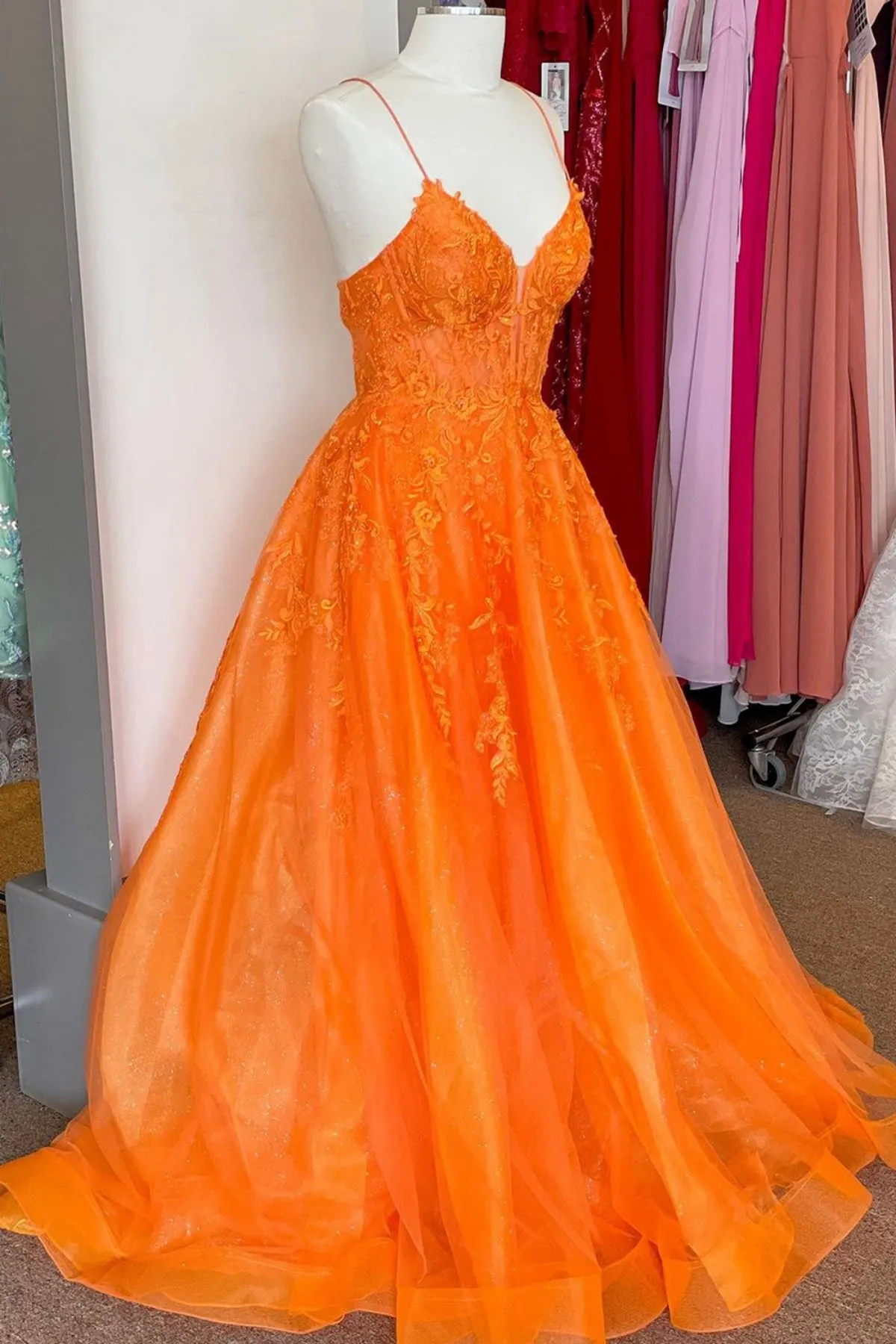 A Line V Neck Orange Lace Long Prom Dress, Orange Lace Formal Dress, Orange Evening Dress A2040