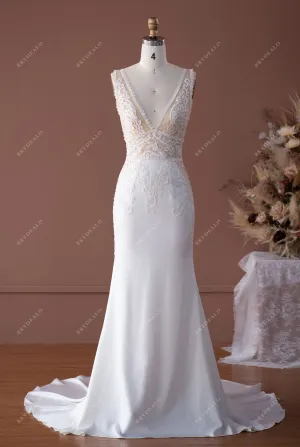 Alluring Plunging V-neck Sleeveless Lace Satin Mermaid Fall Bridal Dress