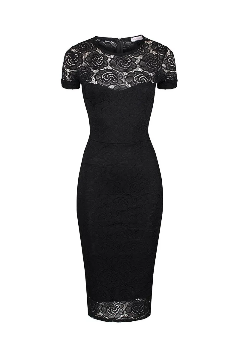 Black Cap Sleeve Lace Wiggle Pencil Cocktail Dress