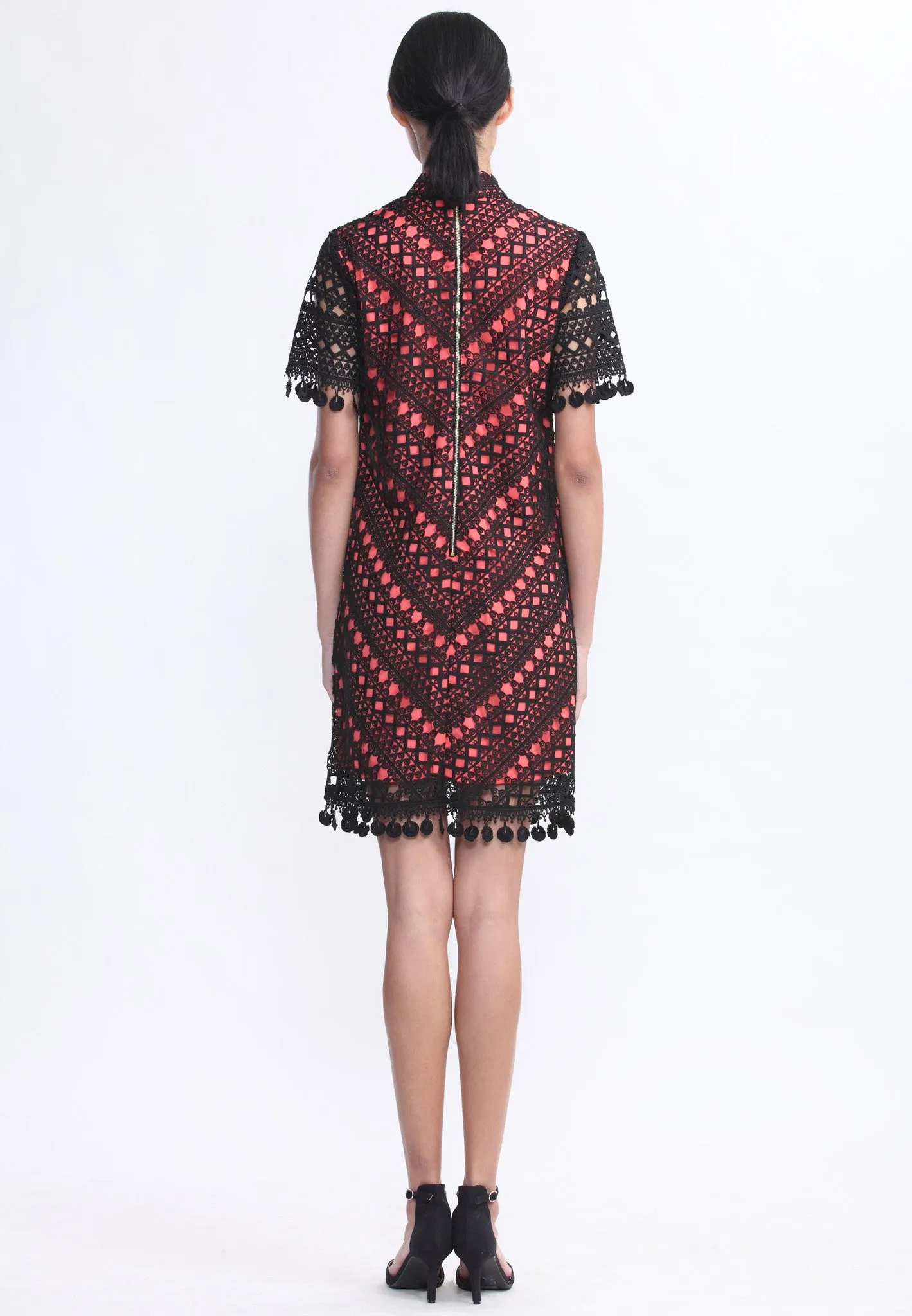 Black Lace Short Sleeves Diagonal Dress