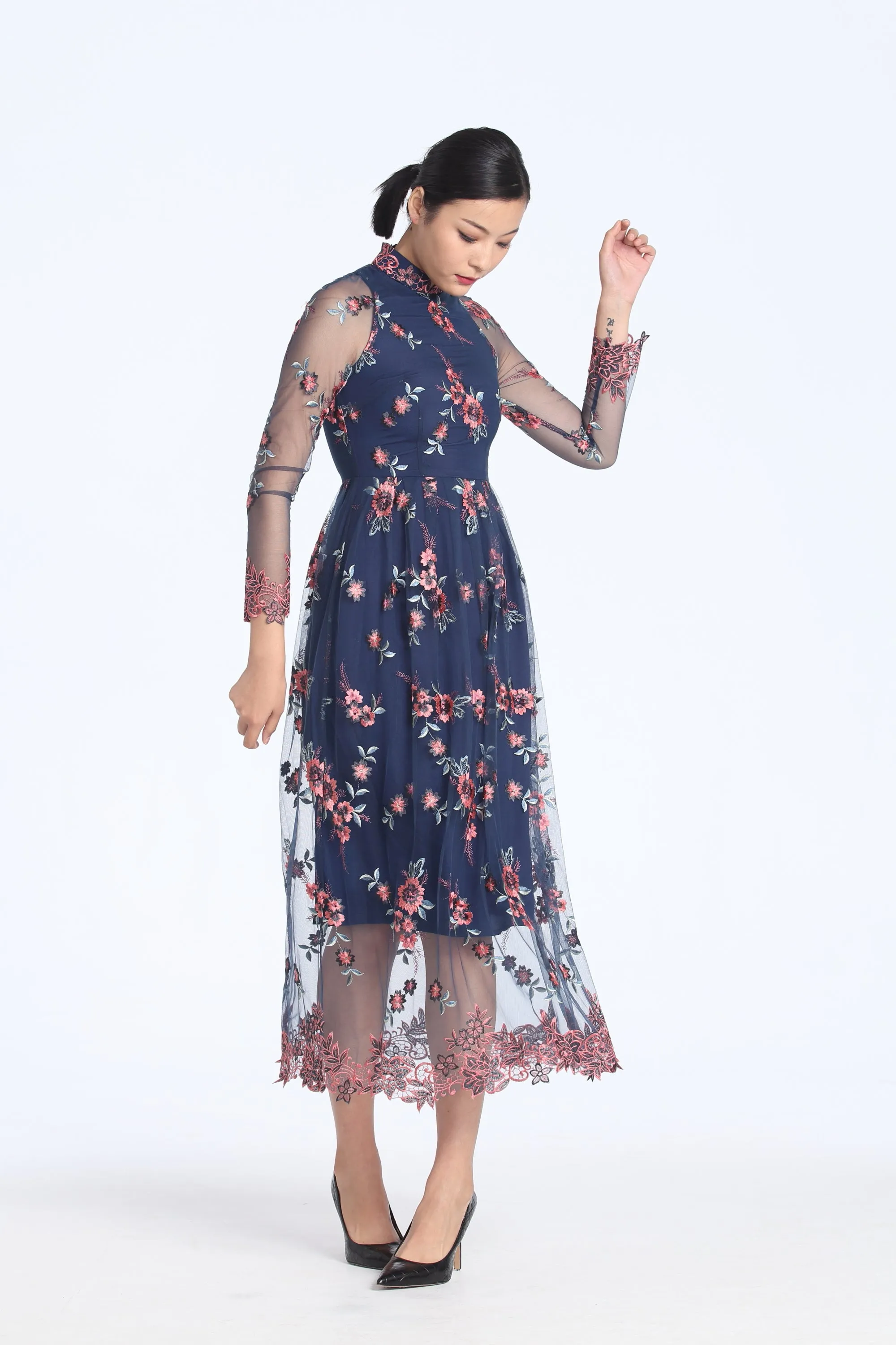 Blush And Grey Floral Embroidery On Navy Mesh Long Sleeves Gathered Full Length Dress