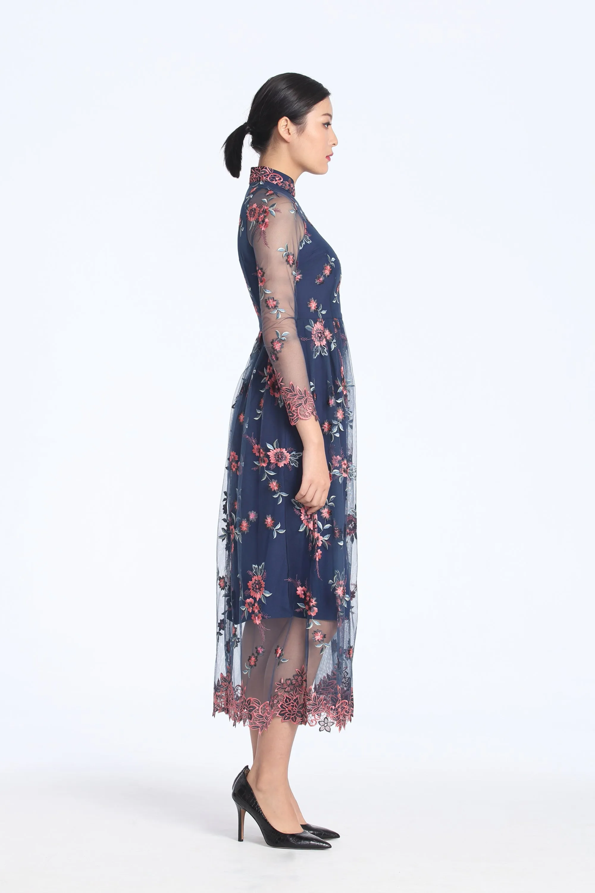 Blush And Grey Floral Embroidery On Navy Mesh Long Sleeves Gathered Full Length Dress