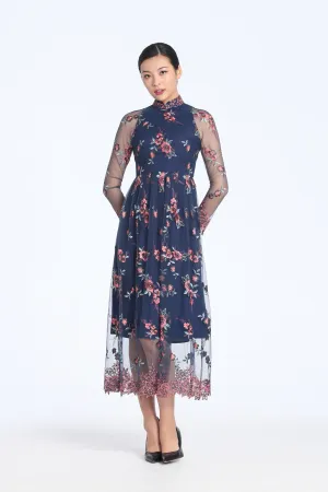 Blush And Grey Floral Embroidery On Navy Mesh Long Sleeves Gathered Full Length Dress