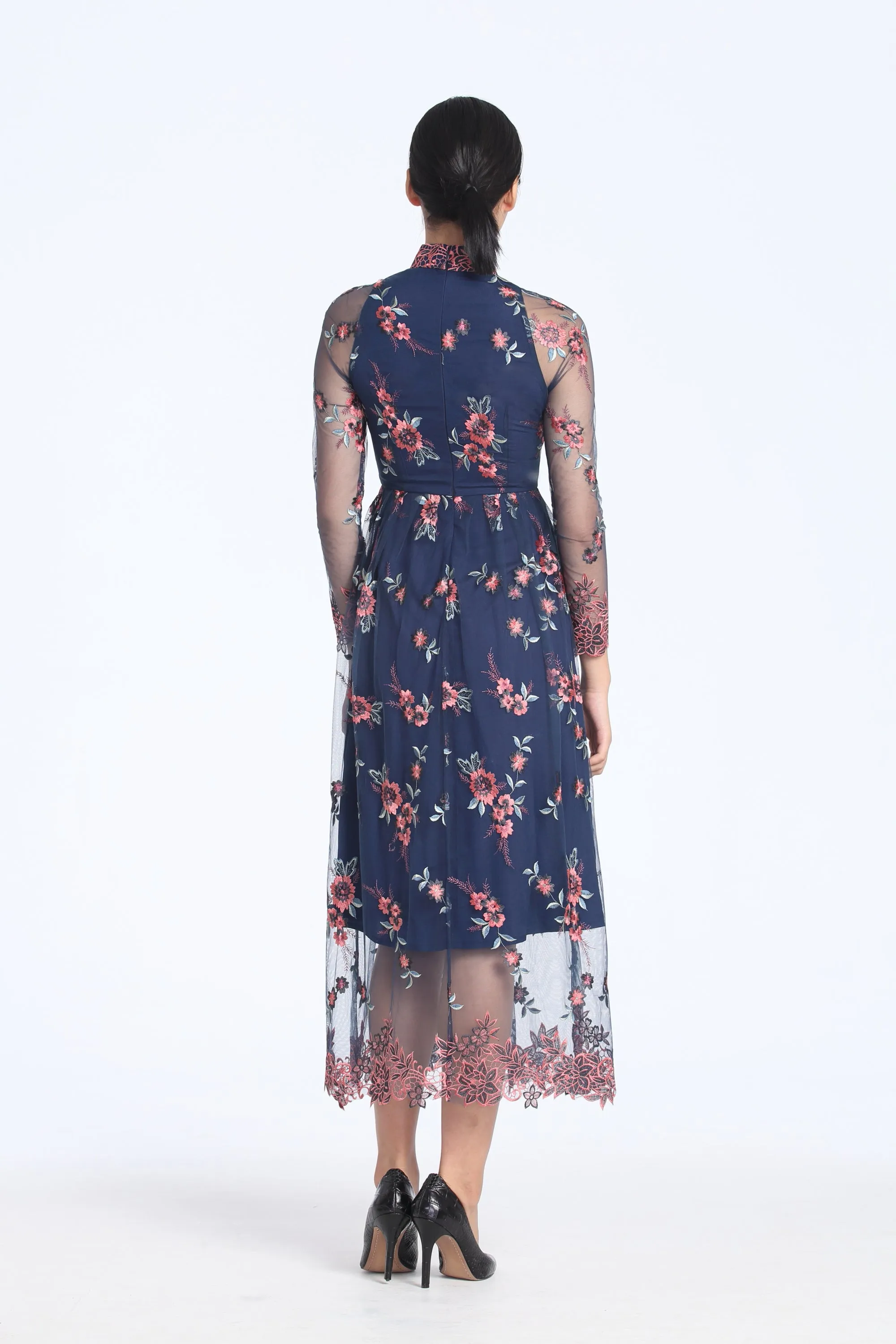 Blush And Grey Floral Embroidery On Navy Mesh Long Sleeves Gathered Full Length Dress