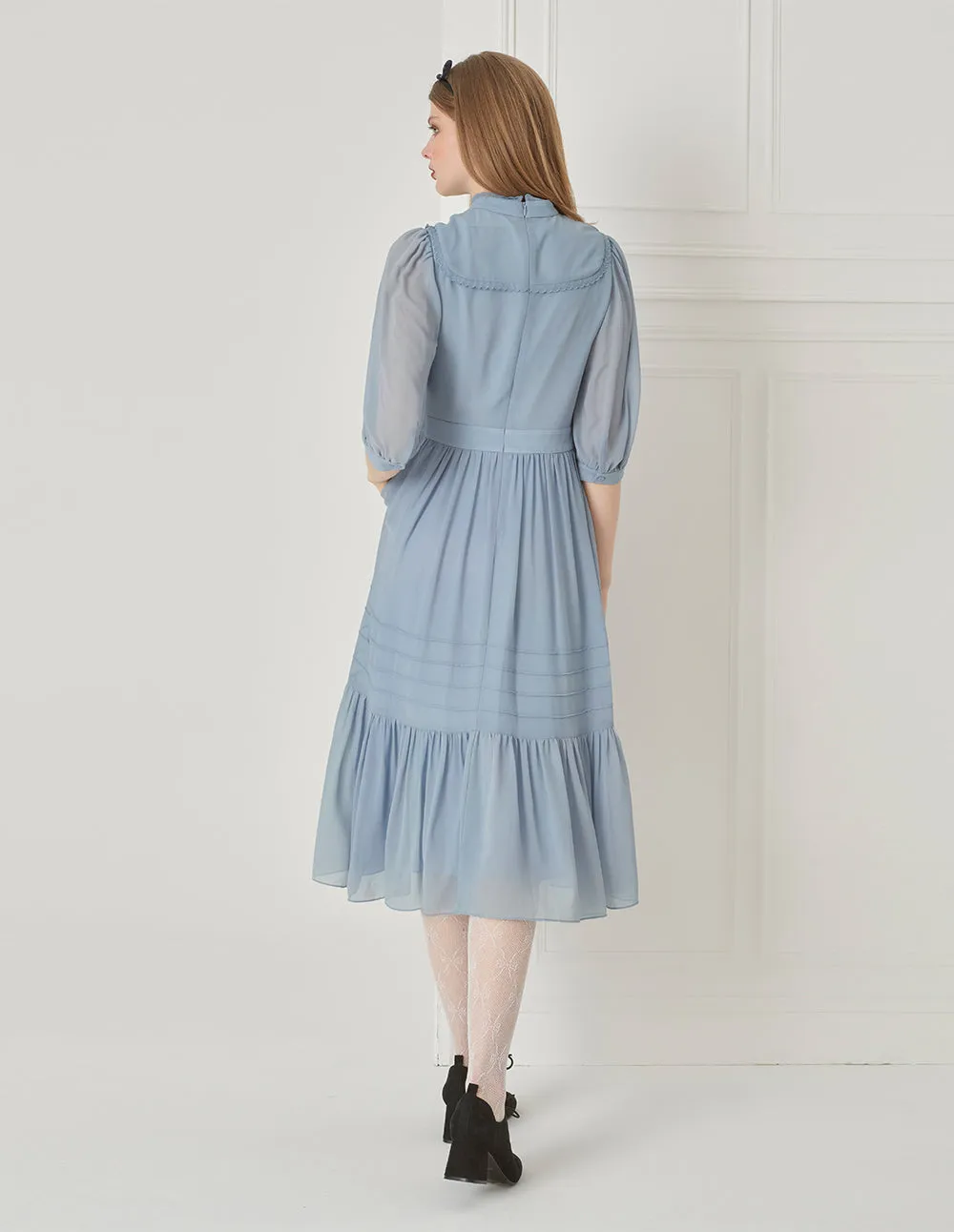 BORA AKSU French Court Style Stand Collar Puff Sleeve Pleated Dress