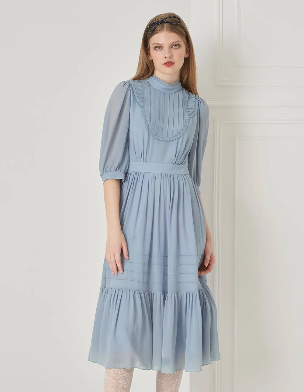 BORA AKSU French Court Style Stand Collar Puff Sleeve Pleated Dress