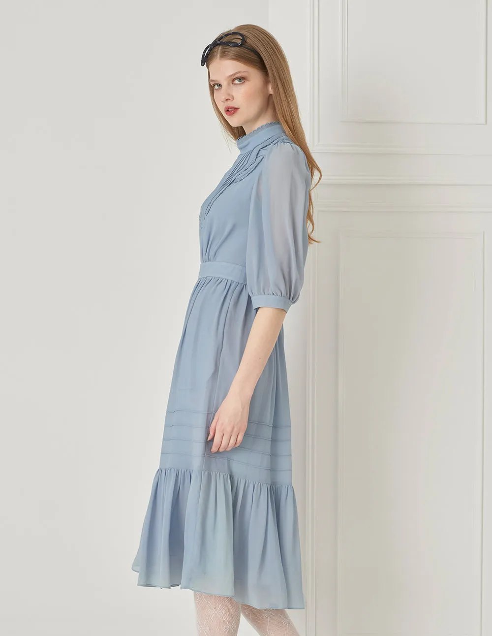 BORA AKSU French Court Style Stand Collar Puff Sleeve Pleated Dress