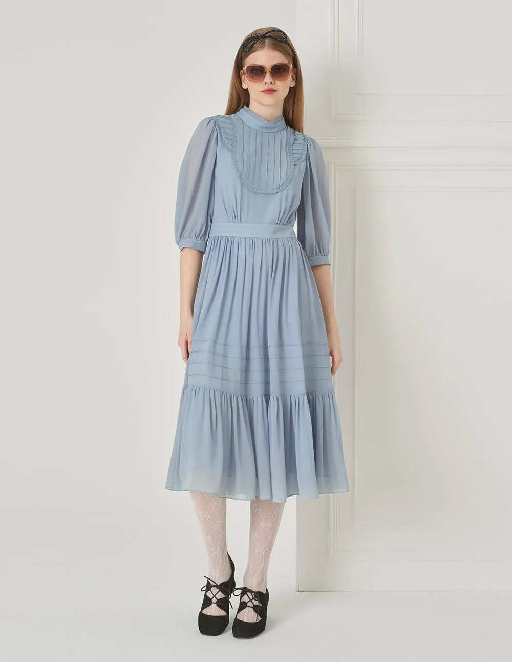 BORA AKSU French Court Style Stand Collar Puff Sleeve Pleated Dress