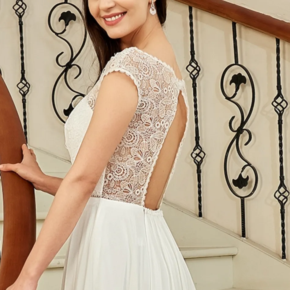 Cap Sleeve Chiffon A-Line Wedding Dress With Detachable Train