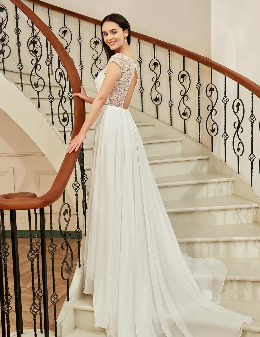 Cap Sleeve Chiffon A-Line Wedding Dress With Detachable Train