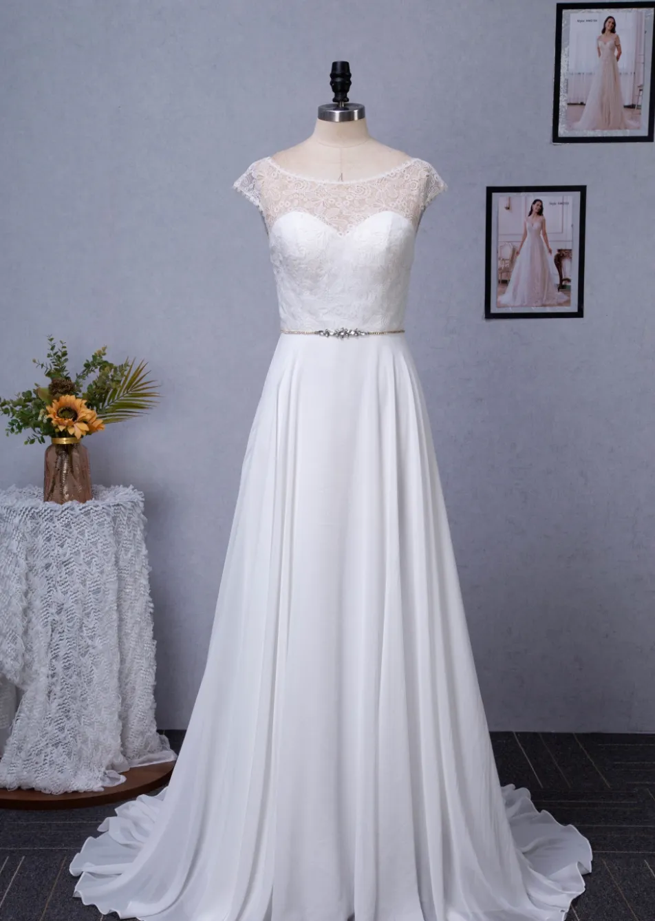 Cap Sleeve Chiffon A-Line Wedding Dress With Detachable Train