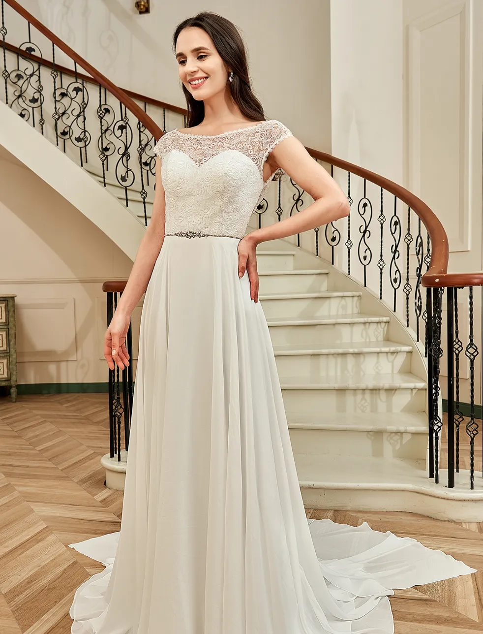 Cap Sleeve Chiffon A-Line Wedding Dress With Detachable Train