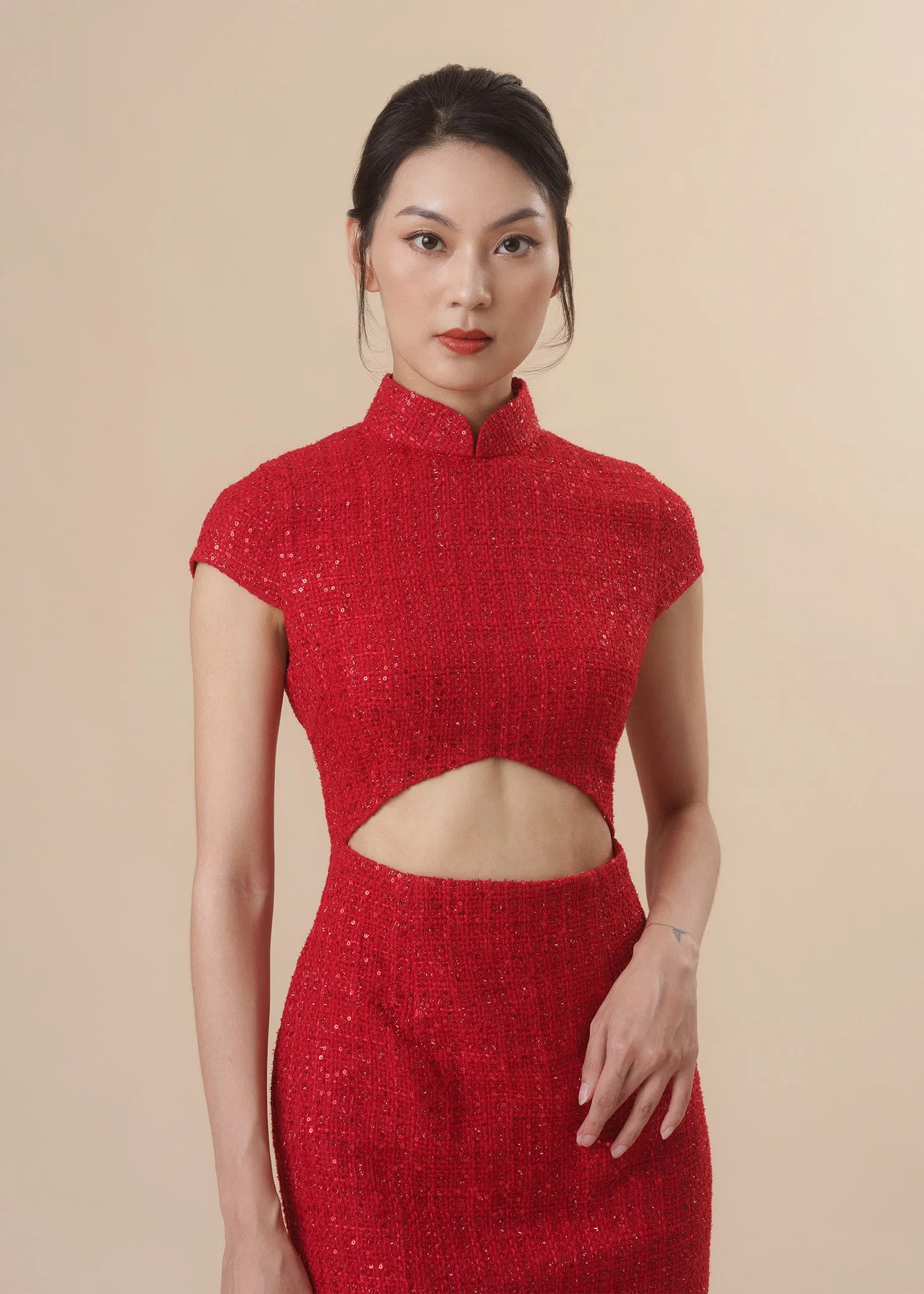 Cap Sleeve Tweed Cut Out Qipao - RTW