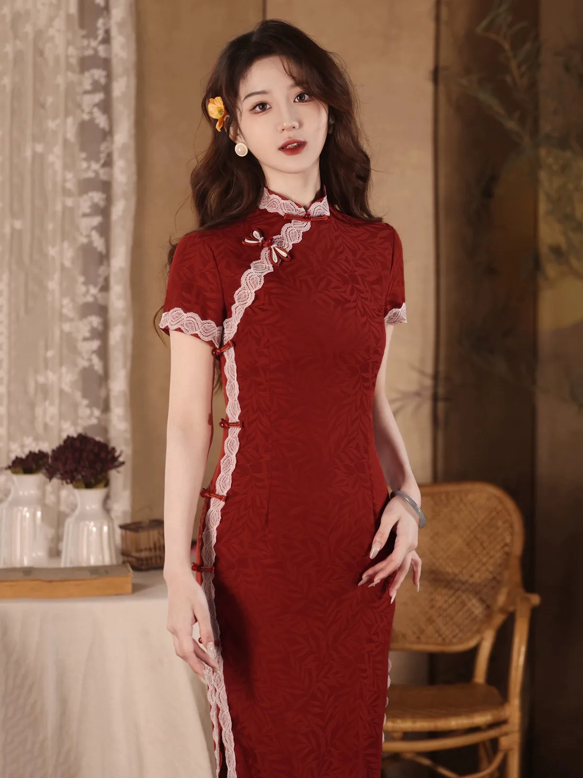 Cheongsam for Tea Ceremony, Traditional Chinese Dress, Rouge