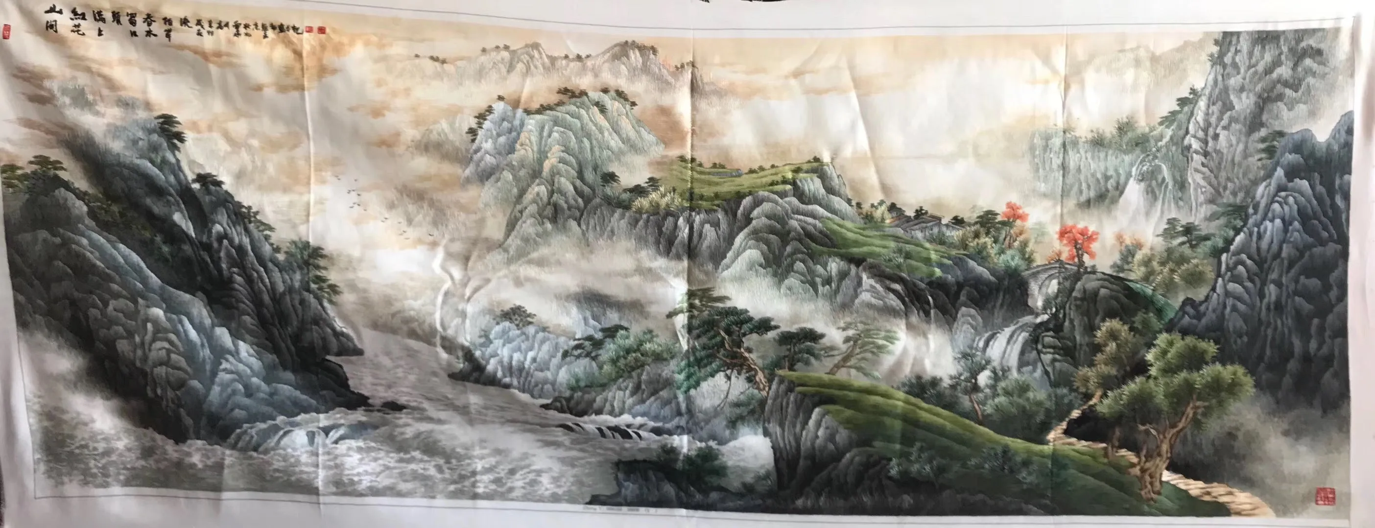 Chinese 100% Hand Embroidered Silk Suzhou Embroidery Art:mountain waterfall horses