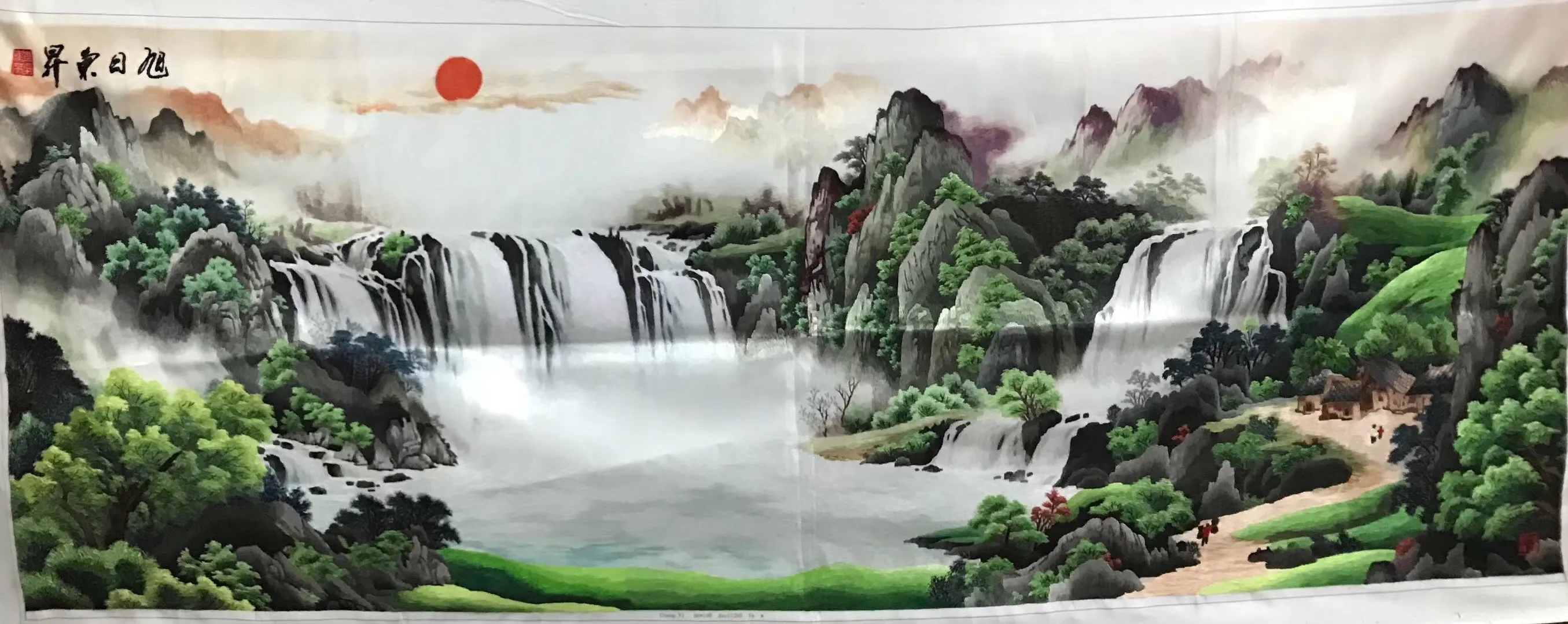 Chinese 100% Hand Embroidered Silk Suzhou Embroidery Art:mountain waterfall horses