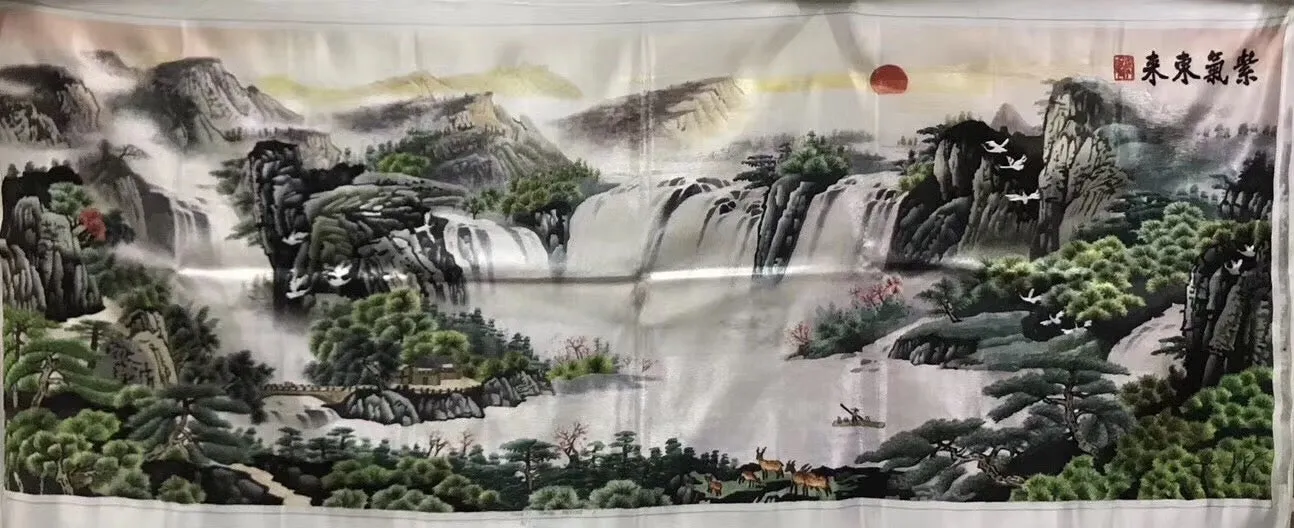 Chinese 100% Hand Embroidered Silk Suzhou Embroidery Art:mountain waterfall horses