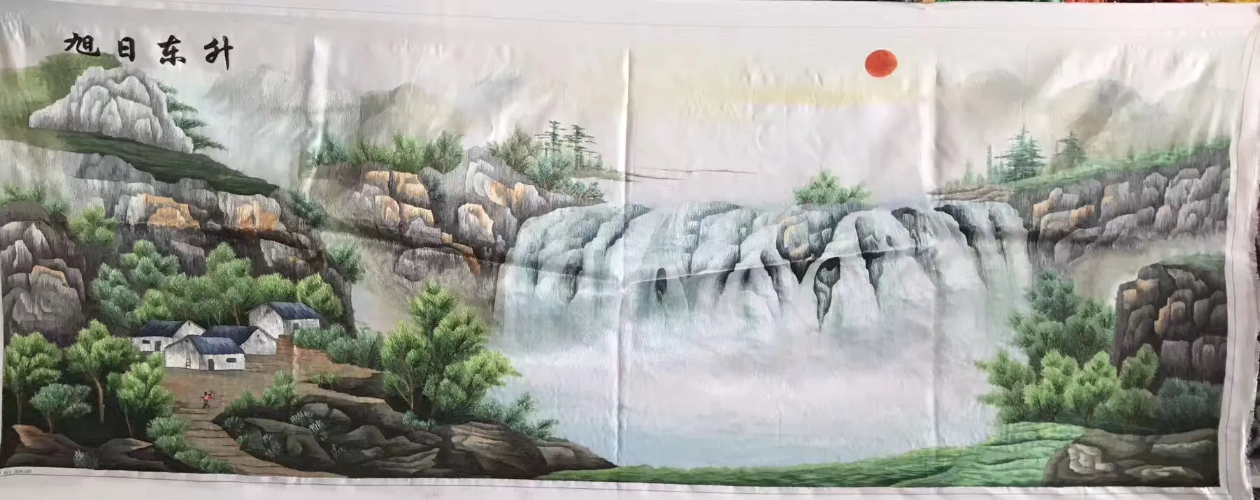 Chinese 100% Hand Embroidered Silk Suzhou Embroidery Art:mountain waterfall horses