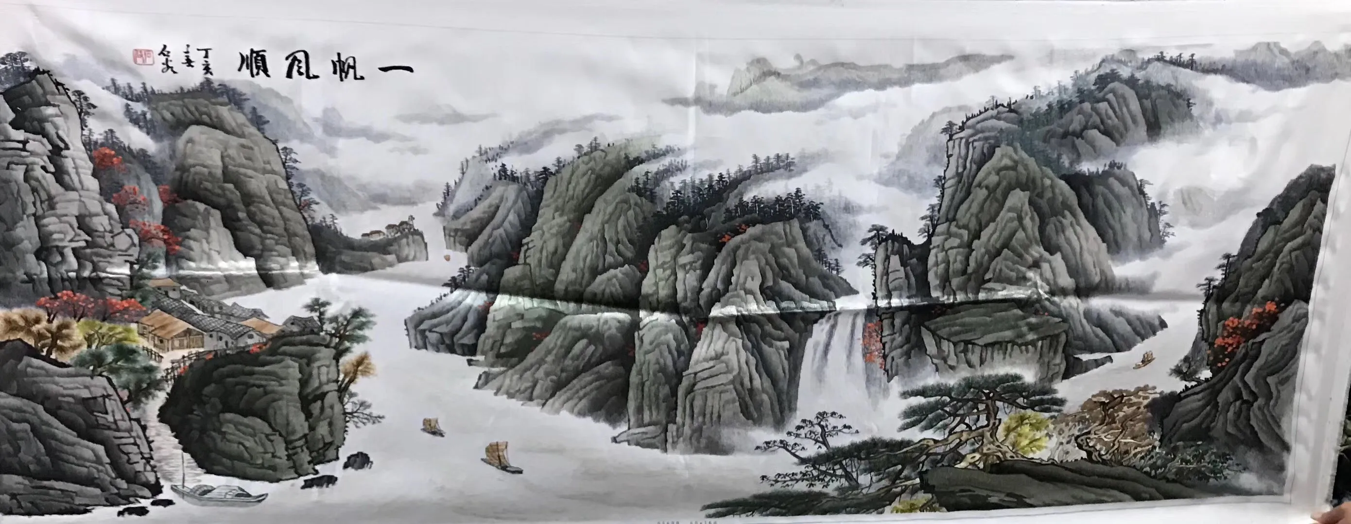 Chinese 100% Hand Embroidered Silk Suzhou Embroidery Art:mountain waterfall horses