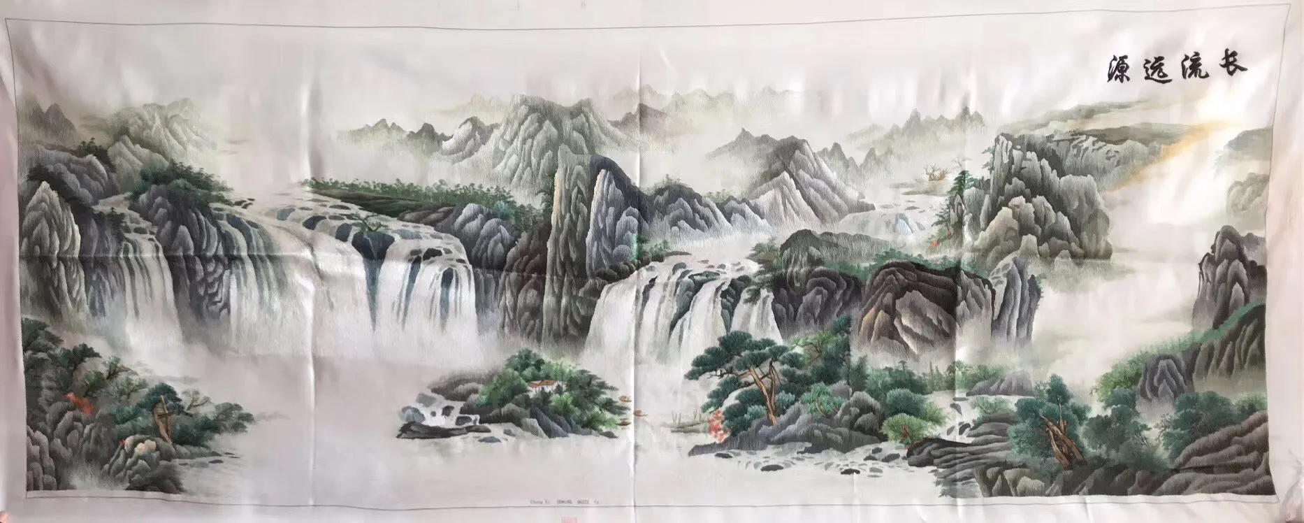 Chinese 100% Hand Embroidered Silk Suzhou Embroidery Art:mountain waterfall horses