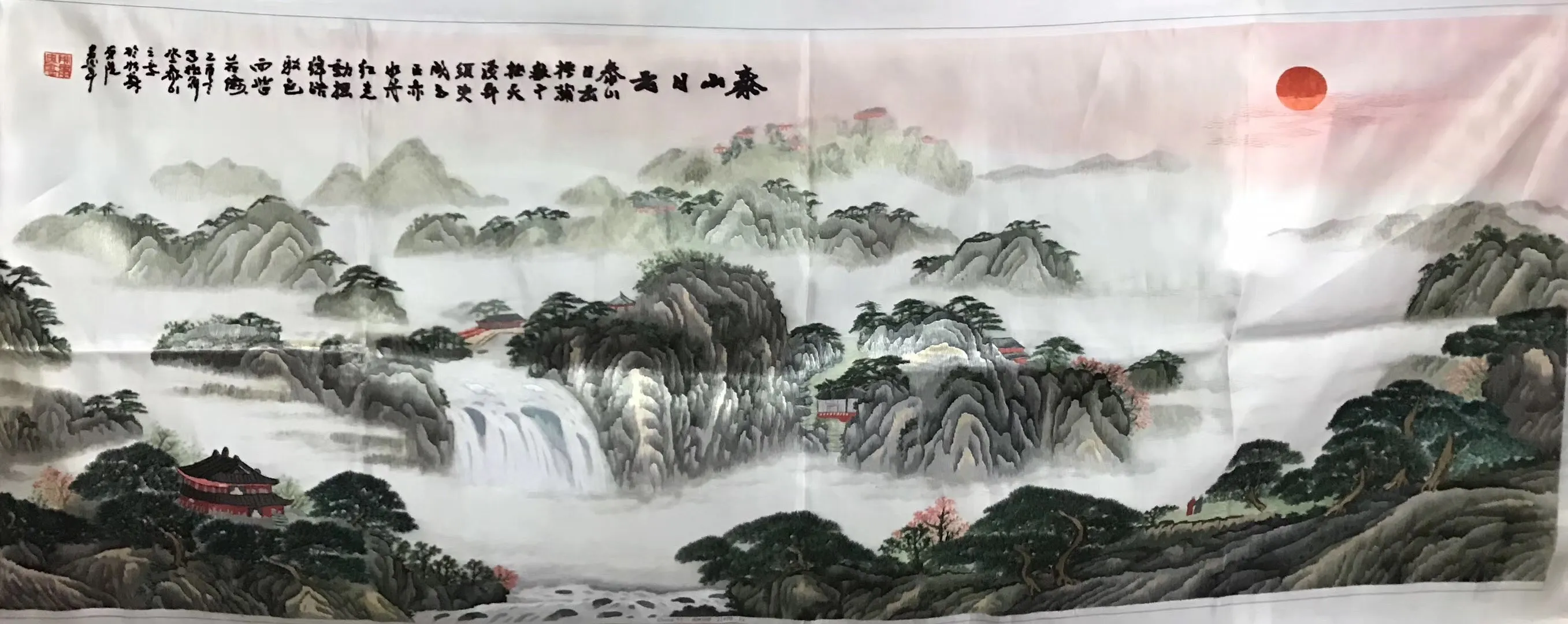 Chinese 100% Hand Embroidered Silk Suzhou Embroidery Art:mountain waterfall horses