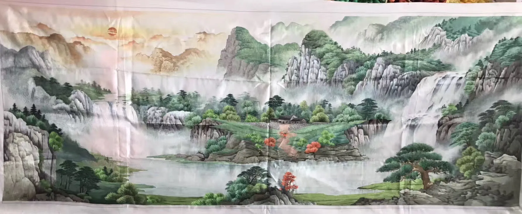 Chinese 100% Hand Embroidered Silk Suzhou Embroidery Art:mountain waterfall horses