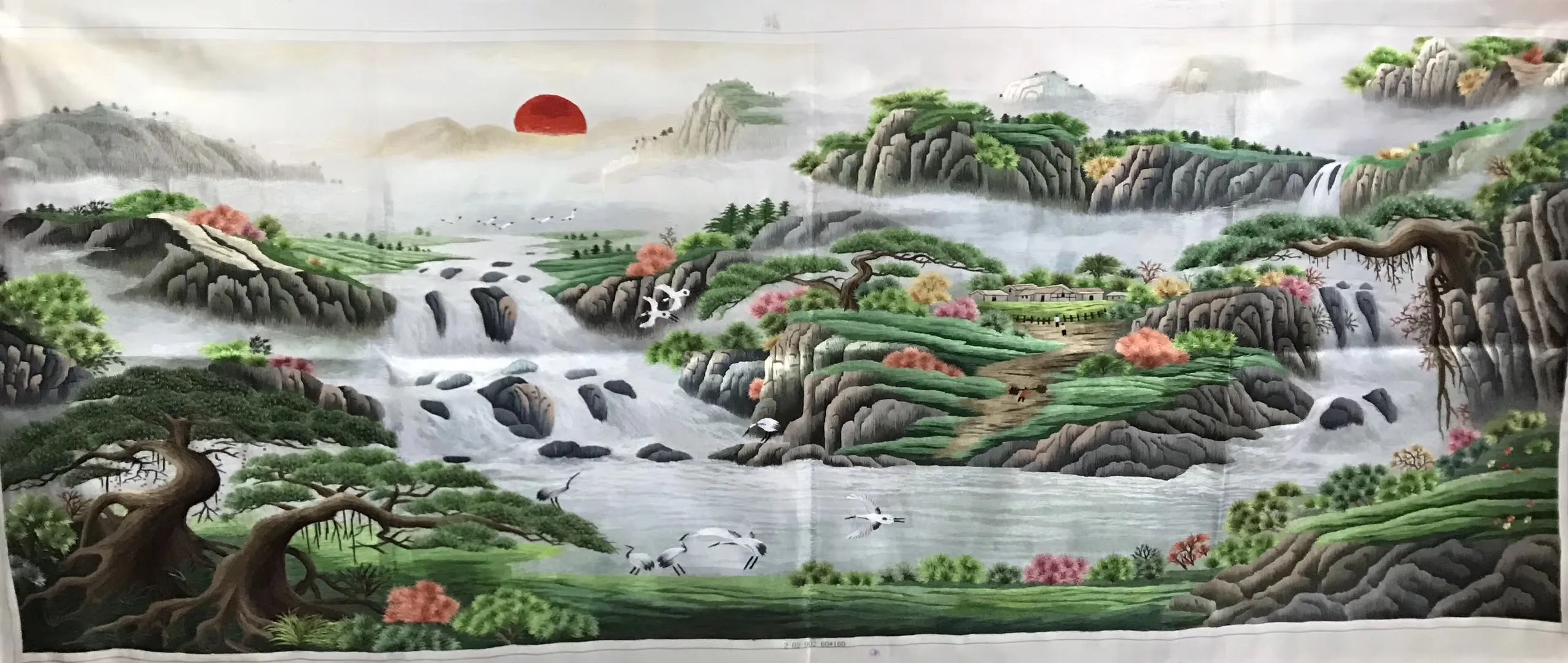 Chinese 100% Hand Embroidered Silk Suzhou Embroidery Art:mountain waterfall horses