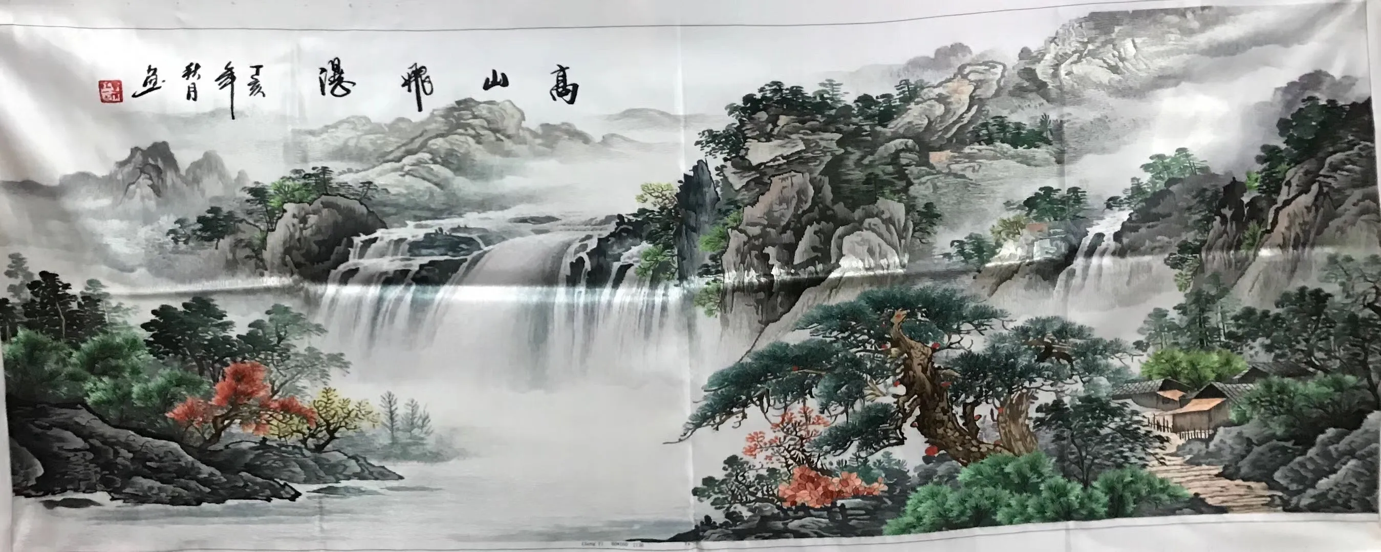 Chinese 100% Hand Embroidered Silk Suzhou Embroidery Art:mountain waterfall horses