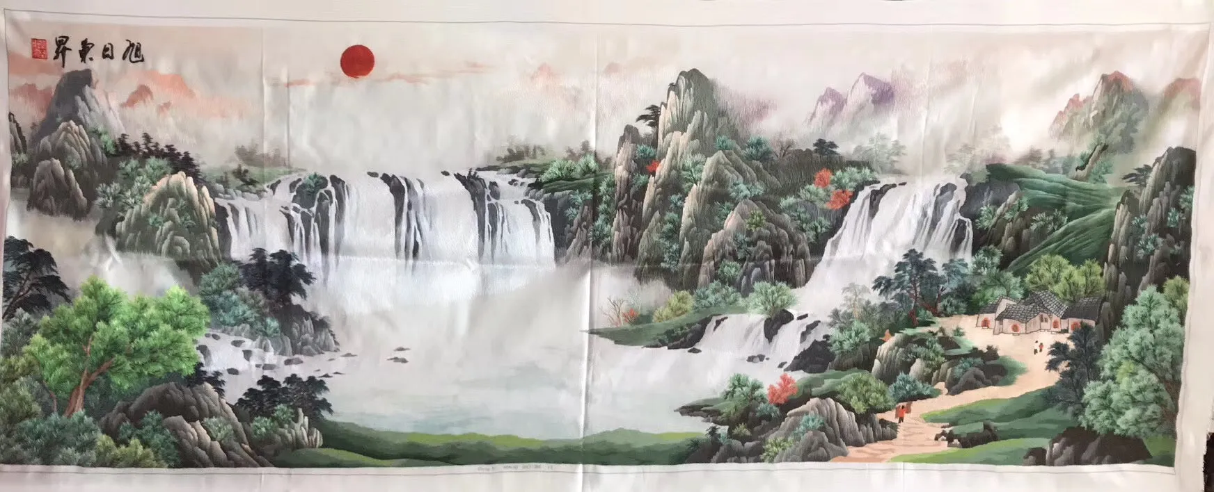 Chinese 100% Hand Embroidered Silk Suzhou Embroidery Art:mountain waterfall horses