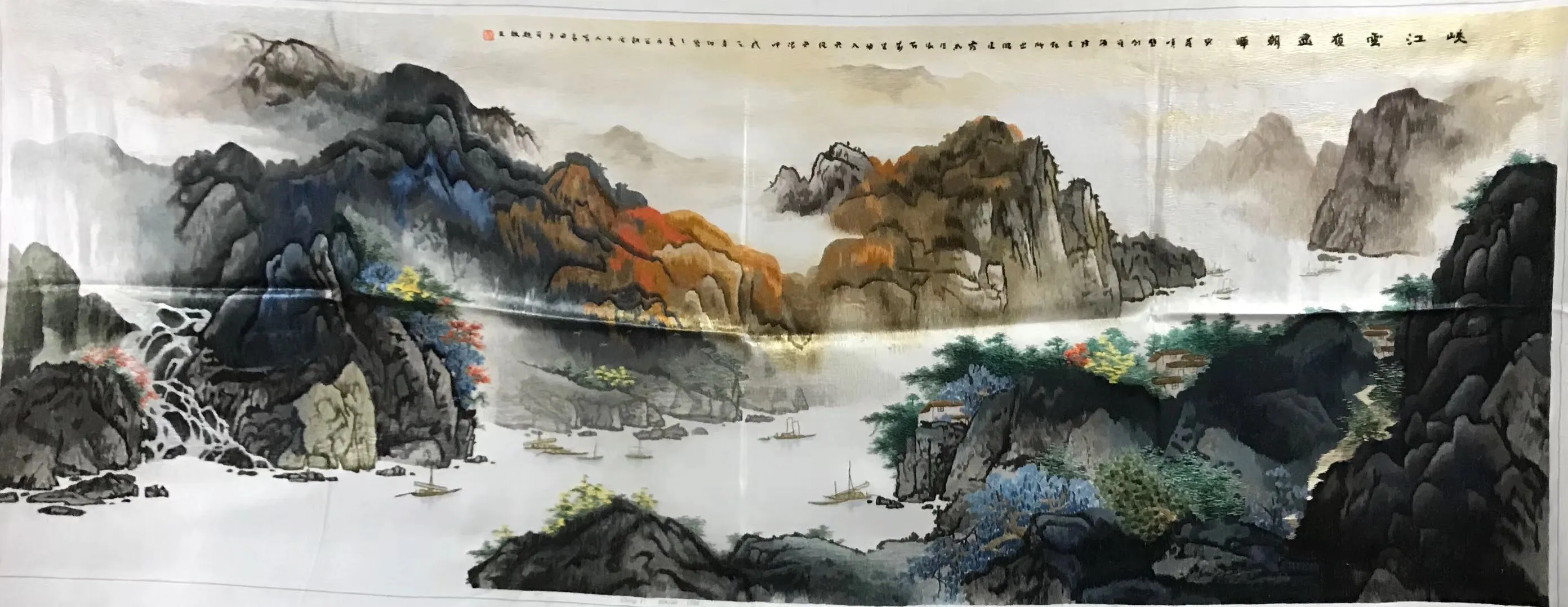 Chinese 100% Hand Embroidered Silk Suzhou Embroidery Art:mountain waterfall horses