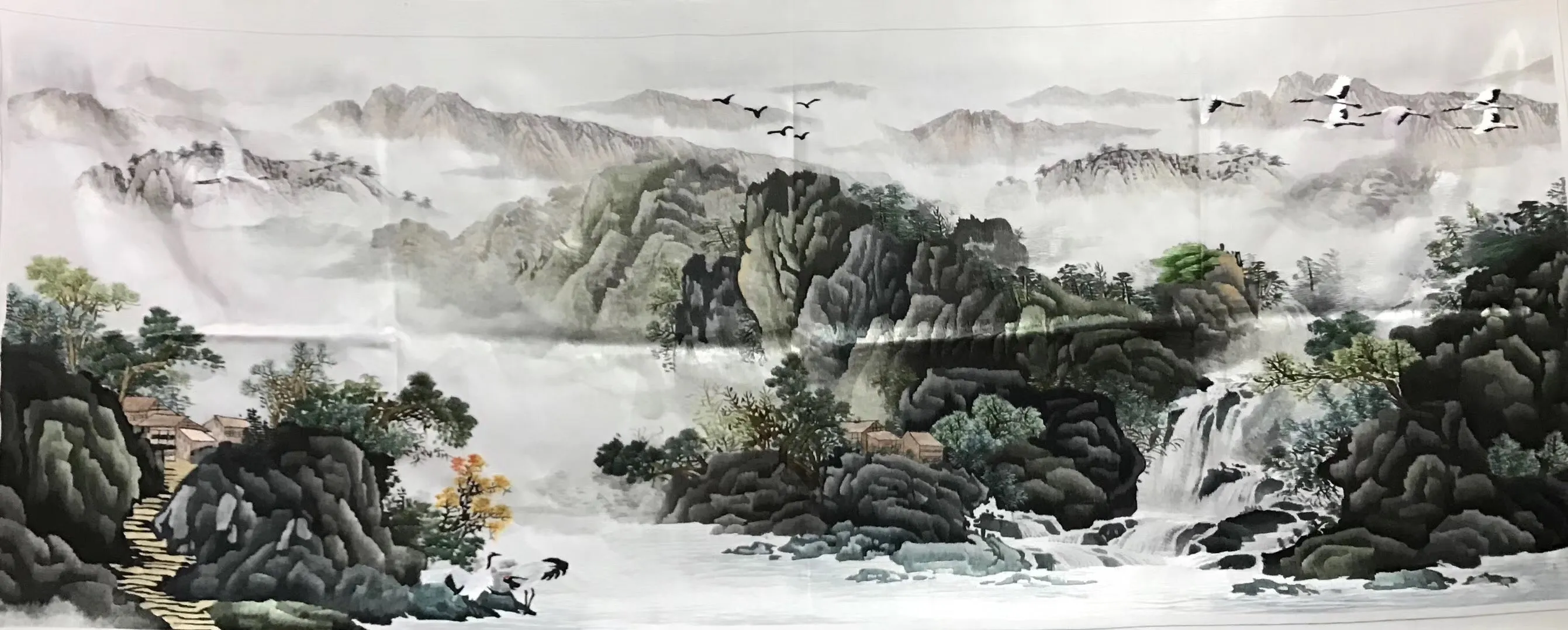 Chinese 100% Hand Embroidered Silk Suzhou Embroidery Art:mountain waterfall horses