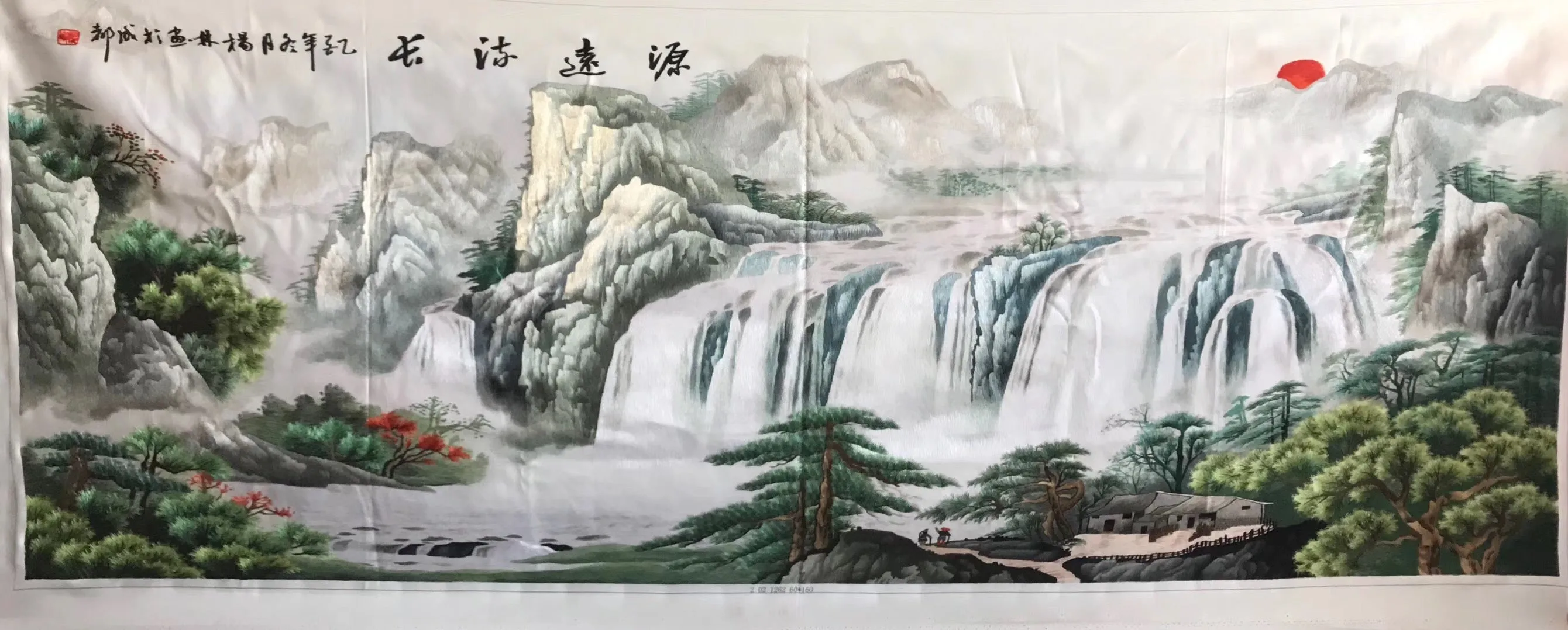 Chinese 100% Hand Embroidered Silk Suzhou Embroidery Art:mountain waterfall horses