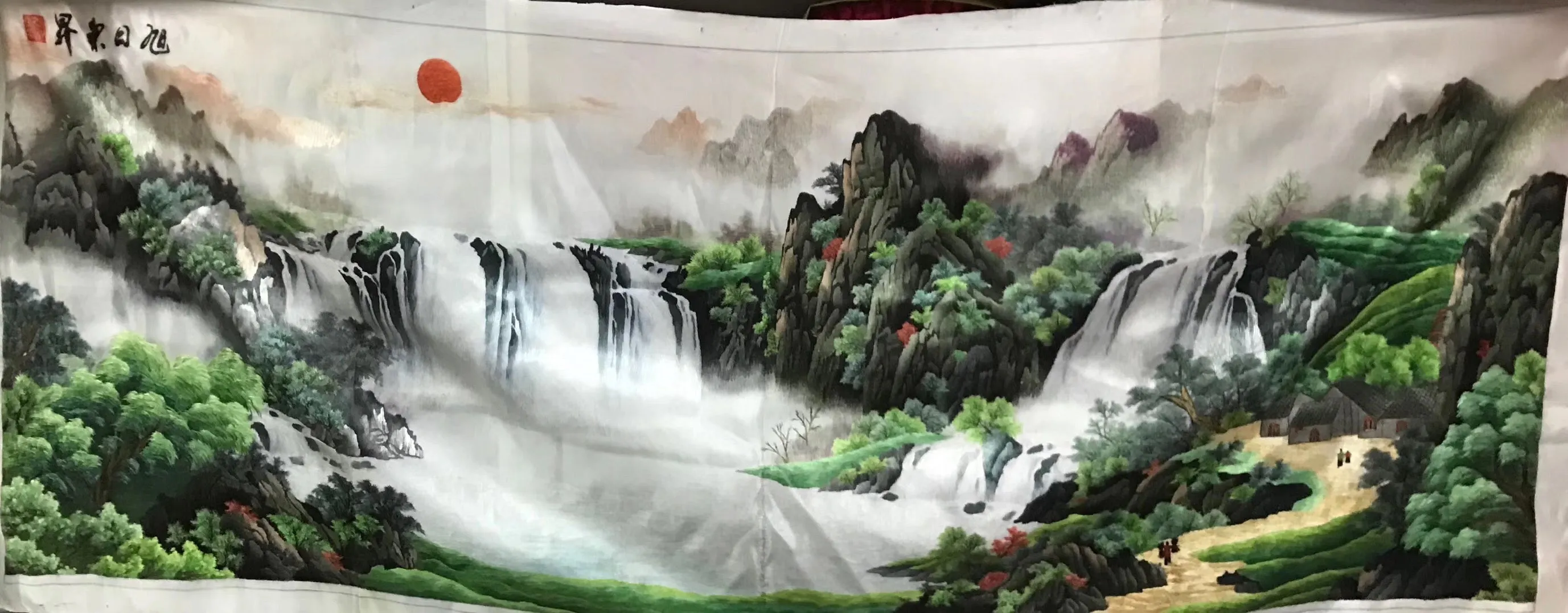 Chinese 100% Hand Embroidered Silk Suzhou Embroidery Art:mountain waterfall horses