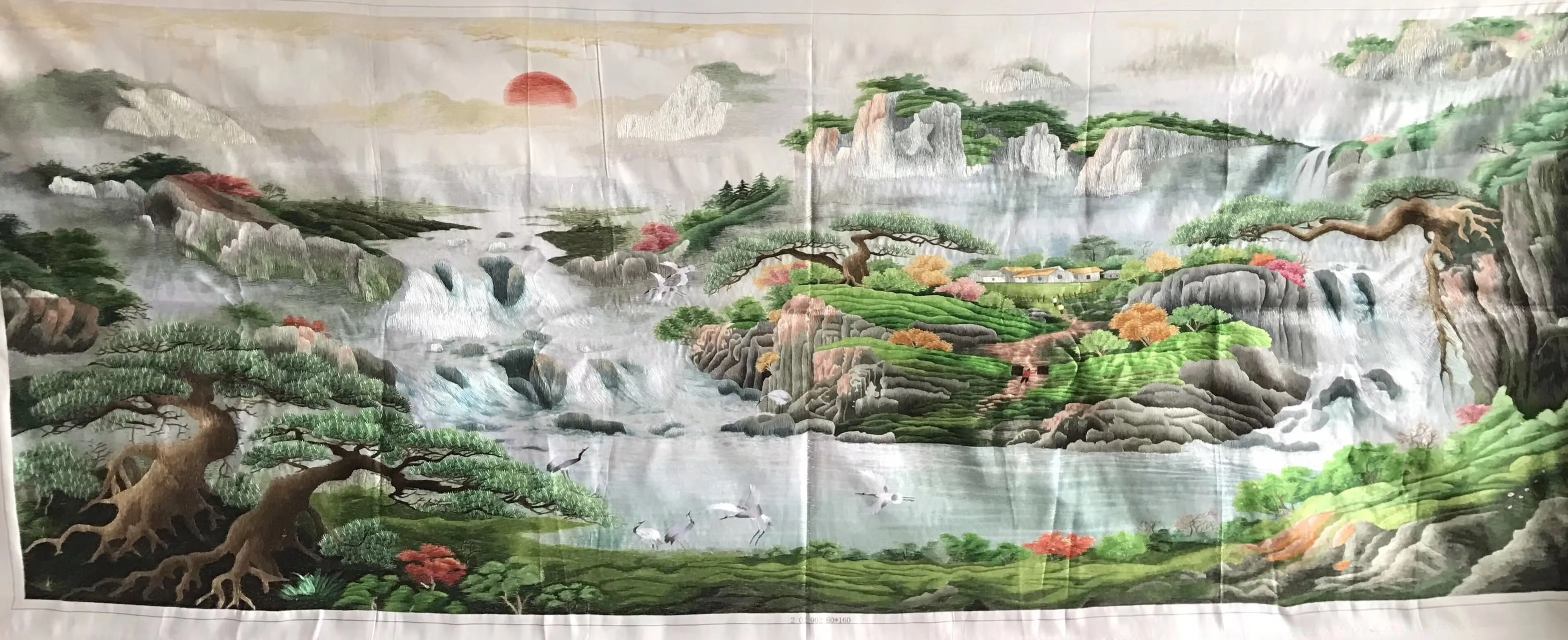 Chinese 100% Hand Embroidered Silk Suzhou Embroidery Art:mountain waterfall horses