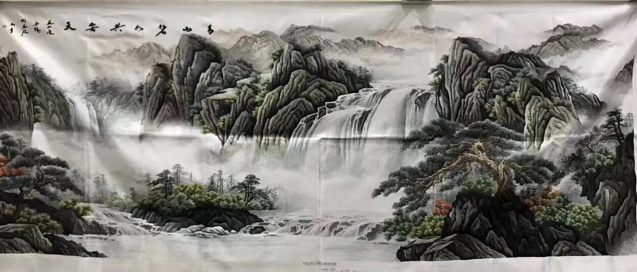 Chinese 100% Hand Embroidered Silk Suzhou Embroidery Art:mountain waterfall horses