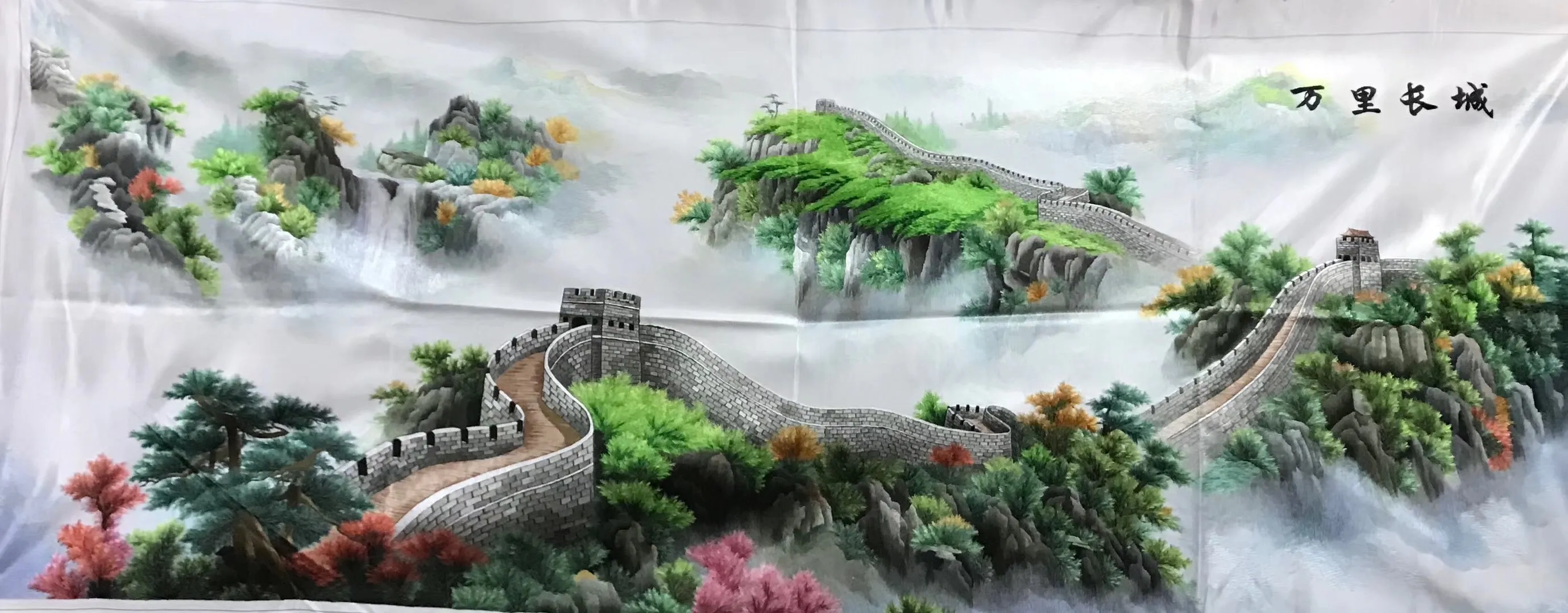 Chinese 100% Hand Embroidered Silk Suzhou Embroidery Art:mountain waterfall horses