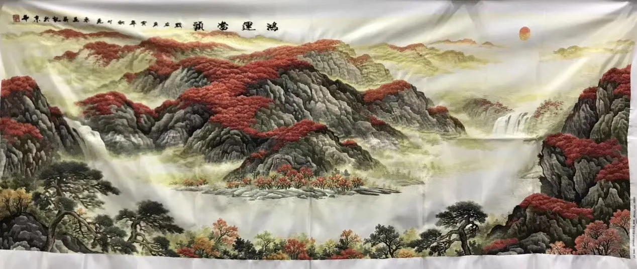 Chinese 100% Hand Embroidered Silk Suzhou Embroidery Art:mountain waterfall horses