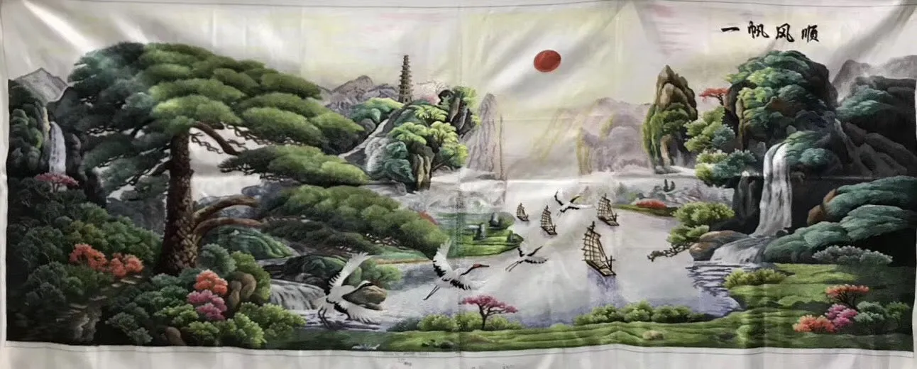 Chinese 100% Hand Embroidered Silk Suzhou Embroidery Art:mountain waterfall horses