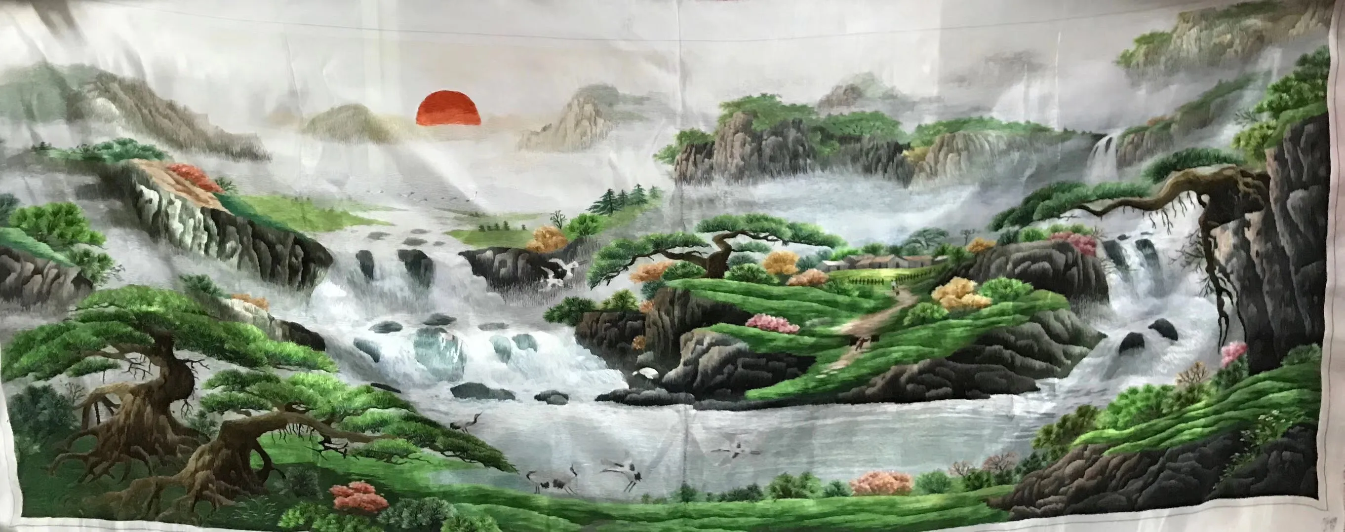 Chinese 100% Hand Embroidered Silk Suzhou Embroidery Art:mountain waterfall horses