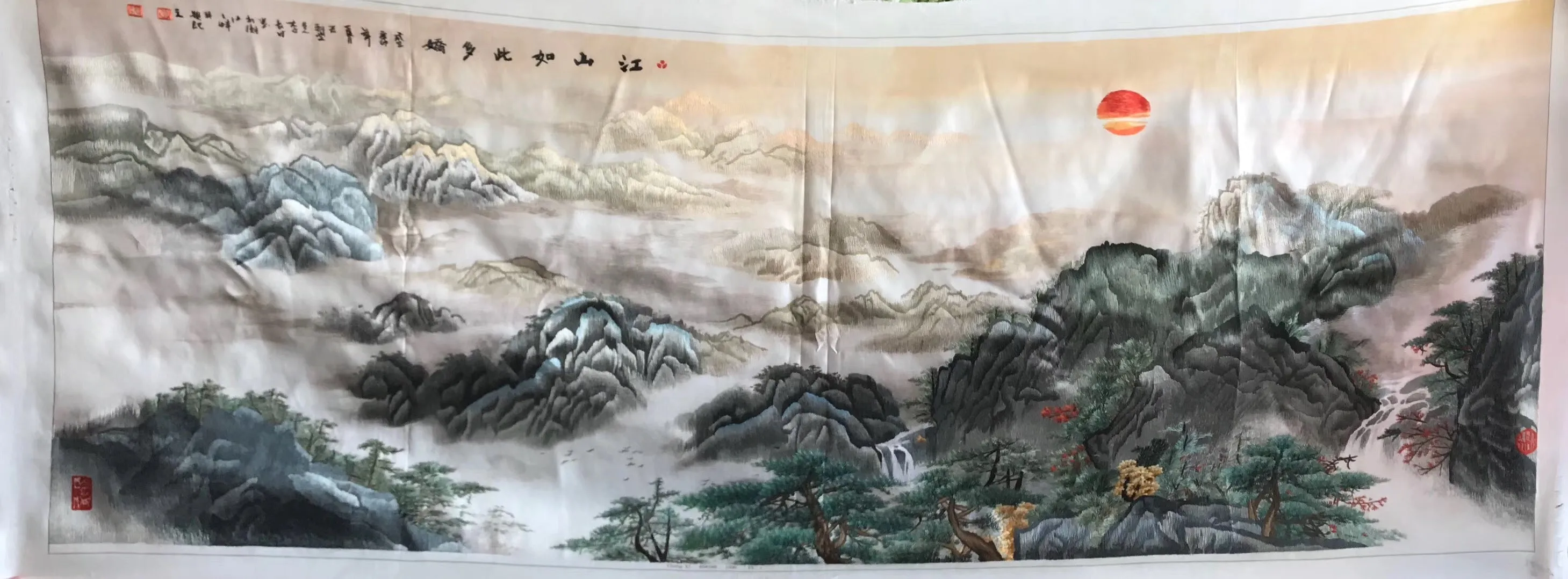 Chinese 100% Hand Embroidered Silk Suzhou Embroidery Art:mountain waterfall horses