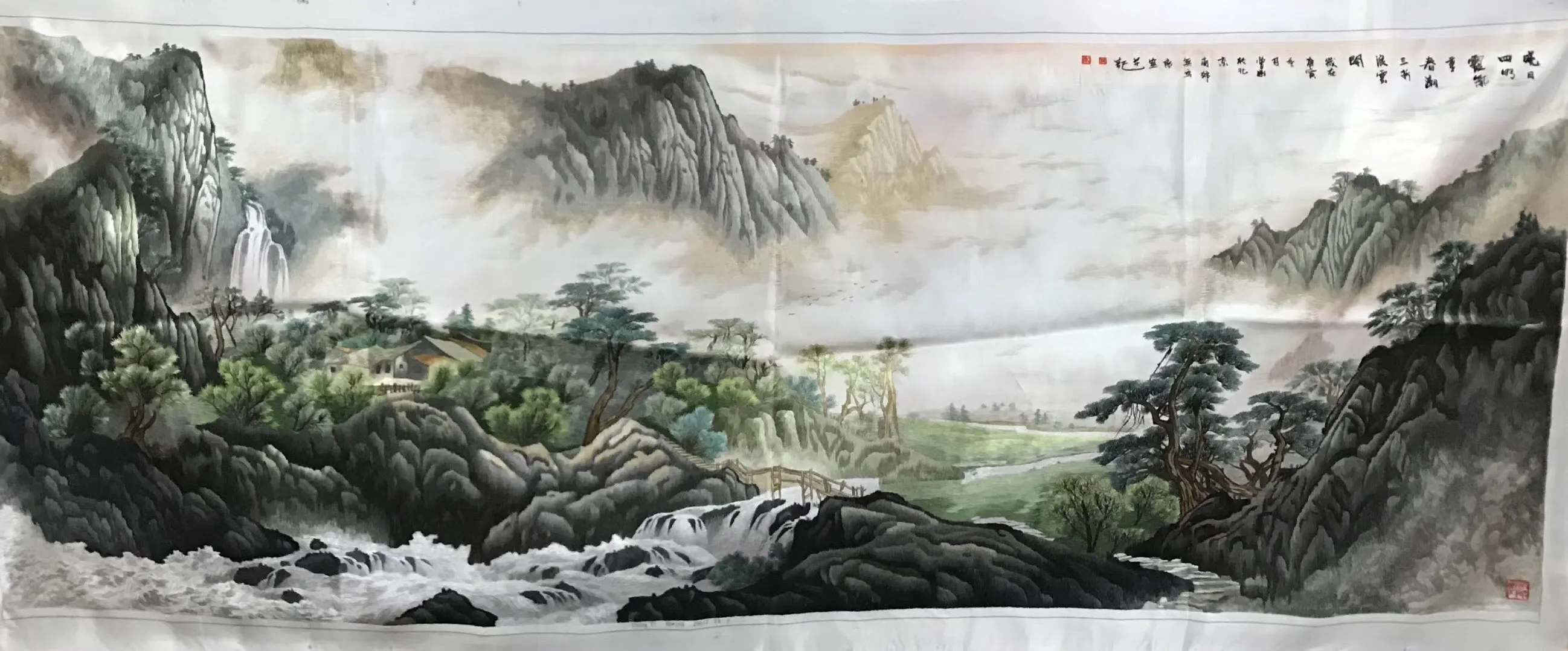 Chinese 100% Hand Embroidered Silk Suzhou Embroidery Art:mountain waterfall horses