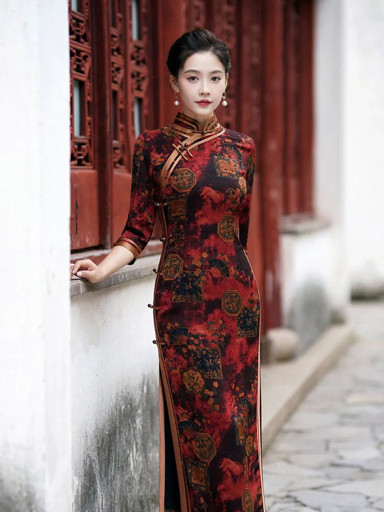 Chinese Style Classic Festive Vintage Red Cheongsam Dress with Floral Print for Women